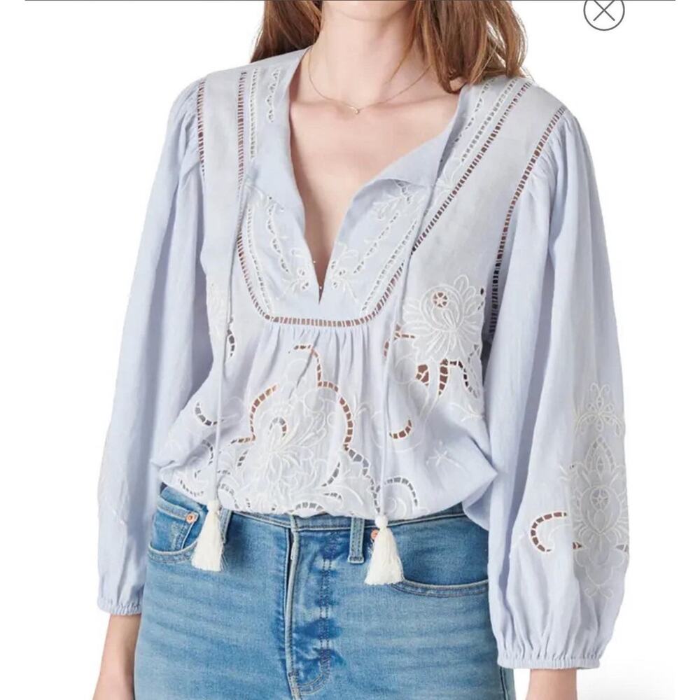 Lucky Brand Embroidered Cotton Peasant Blouse Chambray Blue Women's Size XS NWT - Picture 6 of 6